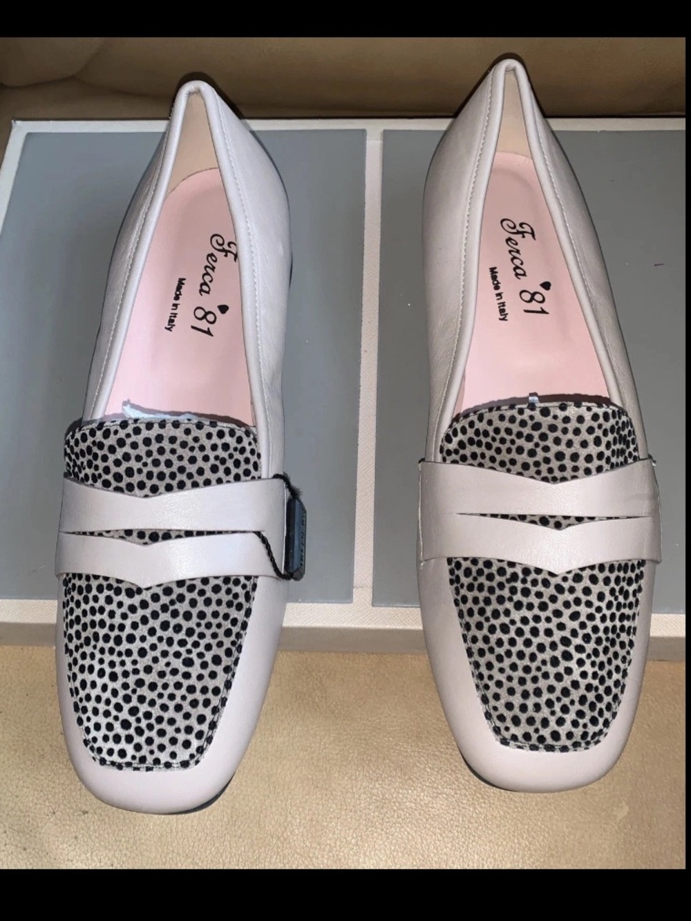🎆 Ferca 81 Italy Light Pink Leather Loafers Calf Hair Spot Square Toe NWT 7.5